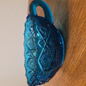 LE Smith Quintec Heritage Blue Glass Nappy Handled Bowl - Signed